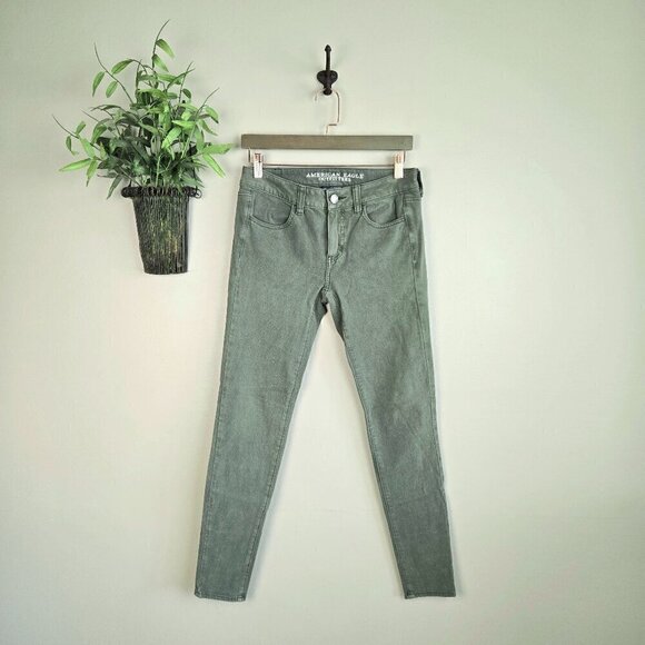 AE 4 Jegging Green Mid Rise Skinny Sateen 360 Super Stretch Jeans American Eagle - Picture 1 of 12